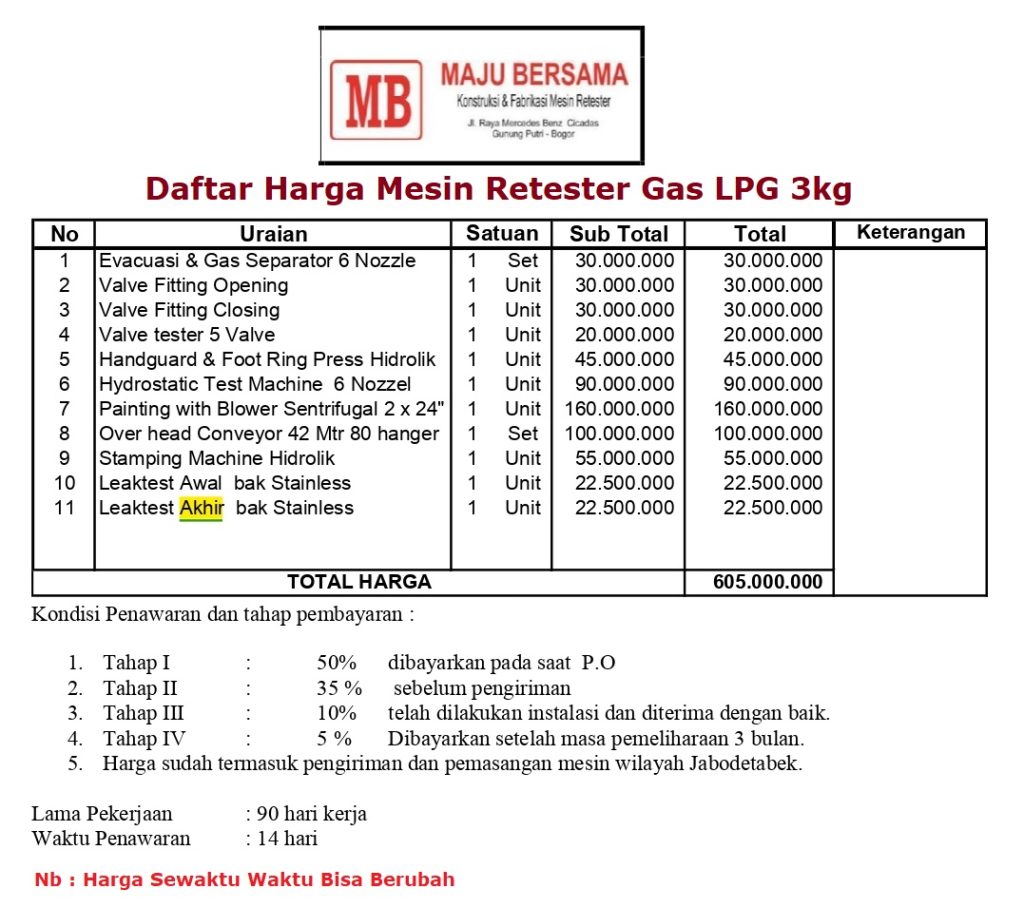 Daftar Harga Mesin Retester Tabung gas LPG elpigi 3kg-12kg